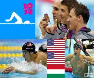 yapboz Yüzme Erkekler 200 metre bireysel karışık, Michael Phelps, Ryan Lochte (ABD) ve László Cseh (Macaristan) - Londra 2012-